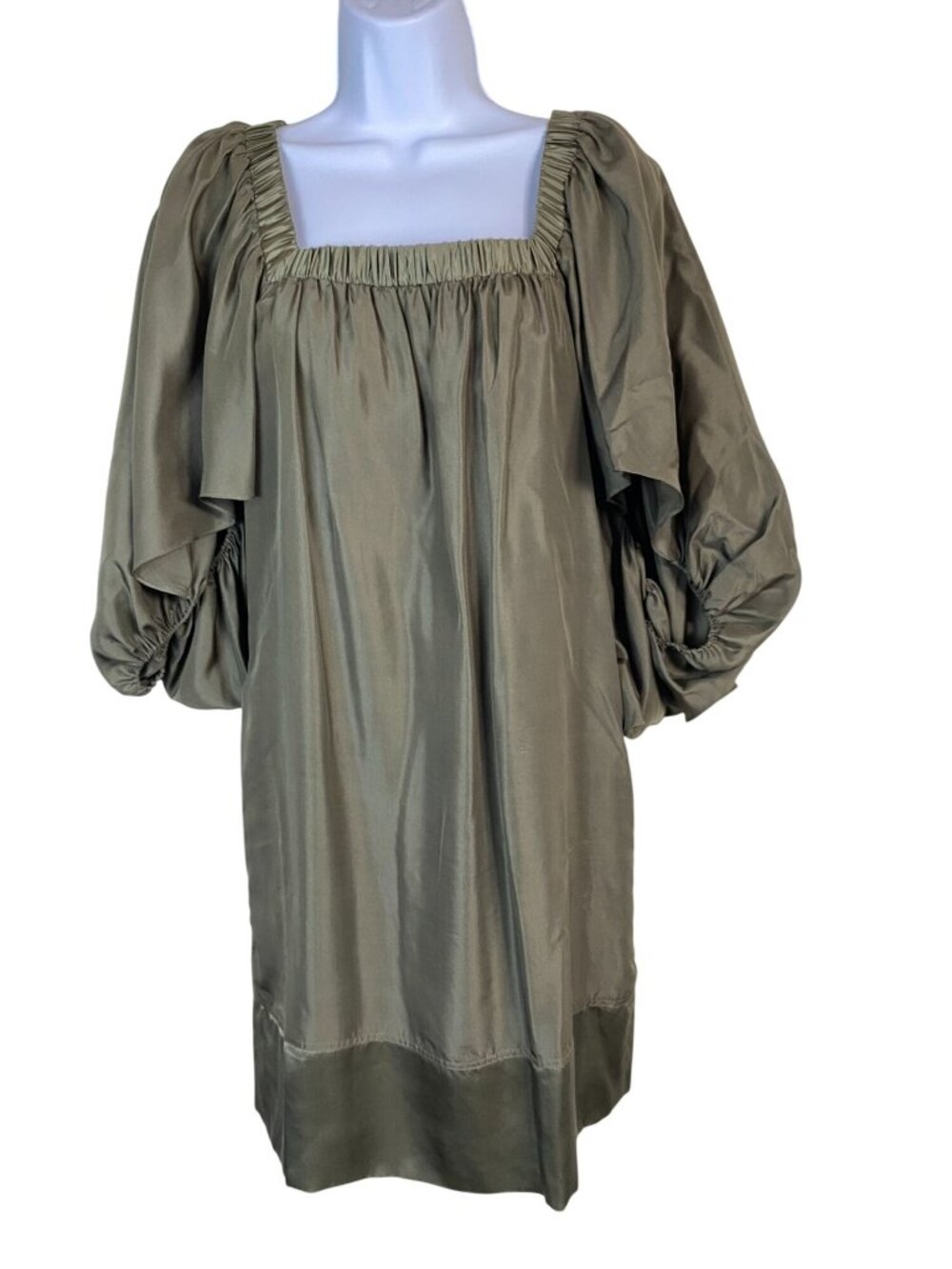 Hera Mode 100% Silk Olive Green Puff Sleeve Square Neck Midi Dress Size XS Satin